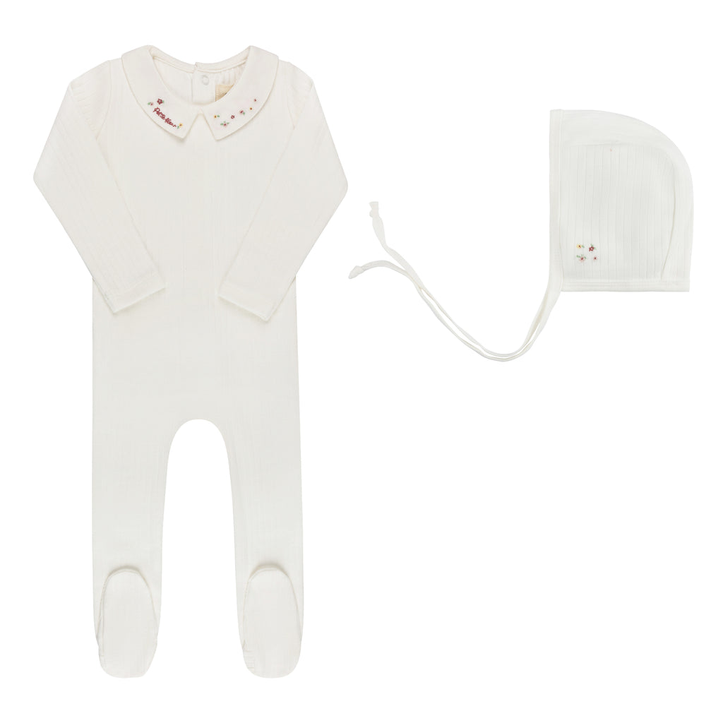 Ely's & Co Floral Star Embroidered Collar Collection Footie And Bonnet - Ivory/Pink