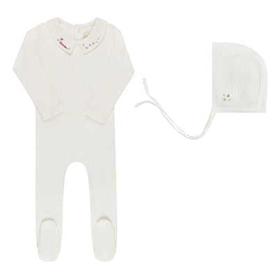 Ely's & Co Floral Star Embroidered Collar Collection Footie And Bonnet - Ivory/Pink