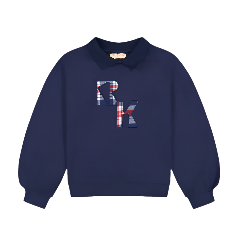 Retro Kid Miles Collar Sweatshirt with Plaid Logo - Navy