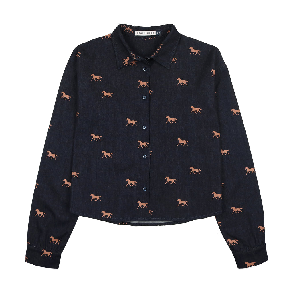 Urban Edge Denim Horse Print Shirt - Blue