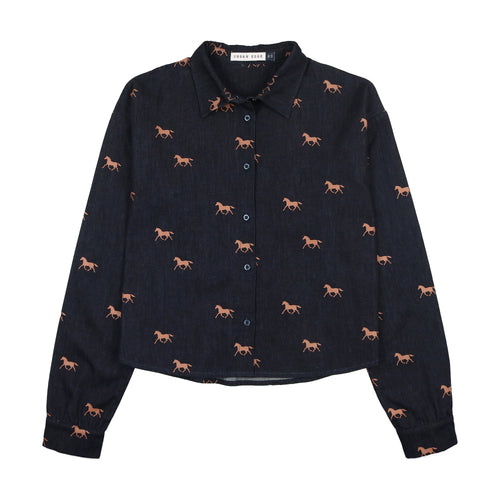 Urban Edge Denim Horse Print Shirt - Blue