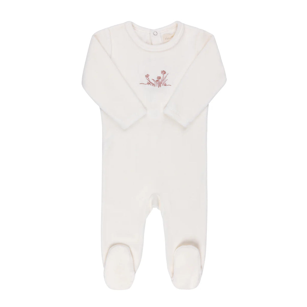 Ely's & Co Velour Embroidered Flower Collection Footie - Ivory