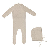 Lilette Vintage Knit Footie & Beanie Set - Ecru