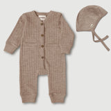 Finch & Fable - Wool Rib Playsuit and Bonnet - Sand RUNS BIG