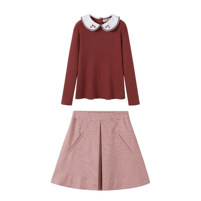 NouNelle Rust Collar Sweater And Houndstooth Pink Skirt