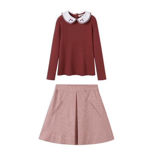 NouNelle Rust Collar Sweater And Houndstooth Pink Skirt