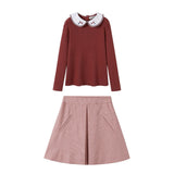 NouNelle Rust Collar Sweater And Houndstooth Pink Skirt