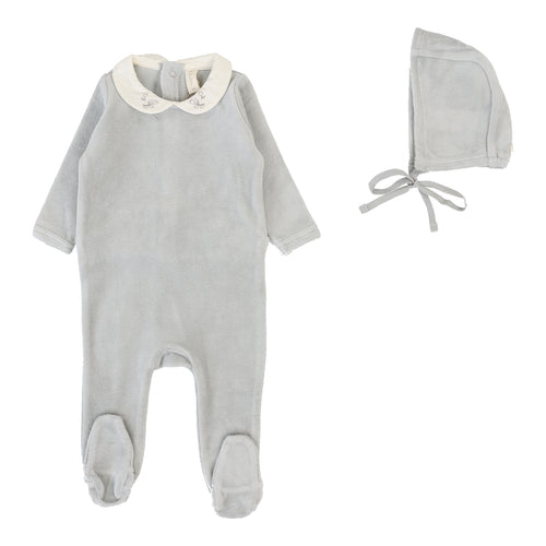 Lilette Velour Collar Footie And Hat -  Dusty Blue