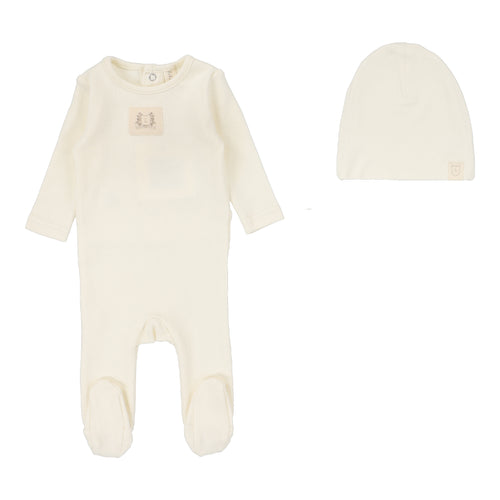 Lilette Pointelle Emblem Footie And Hat - Cream