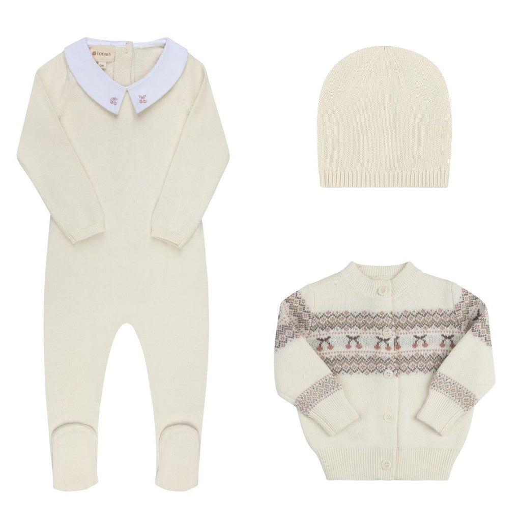 Looms Fair Isle Collection Baby 3Pc Set - Ivory/Mauve