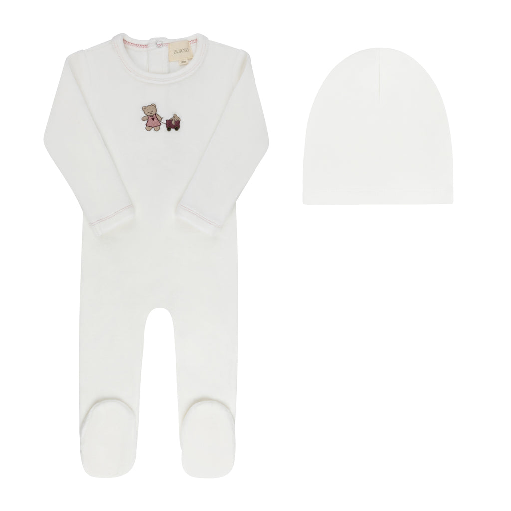 Aurora Embroidered Bear Collection Girls Footie And Beanie - Ivory