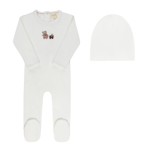 Aurora Embroidered Bear Collection Girls Footie And Beanie - Ivory