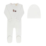 Aurora Embroidered Bear Collection Girls Footie And Beanie - Ivory