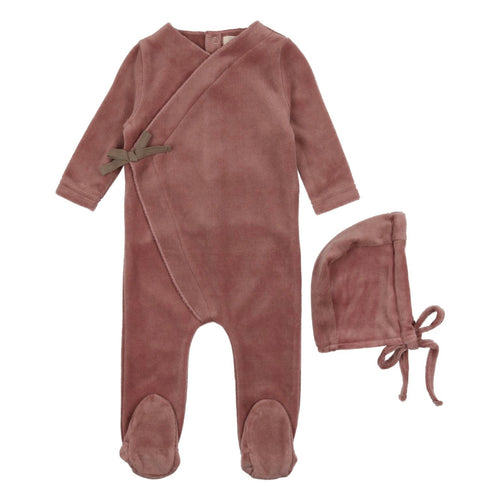 Velour Brown Ribbon Footie & Bonnet-Clay