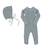 Slate Waffle Button Knit Footie & Bonnet