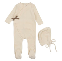 Load image into Gallery viewer, Velour Brown Ribbon Footie &amp; Bonnet-Cream