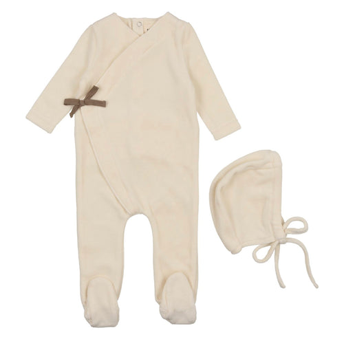 Velour Brown Ribbon Footie & Bonnet-Cream