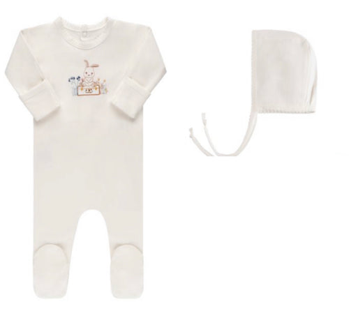 Jersey Cotton Embroidered Bunny Footie & Bonnet