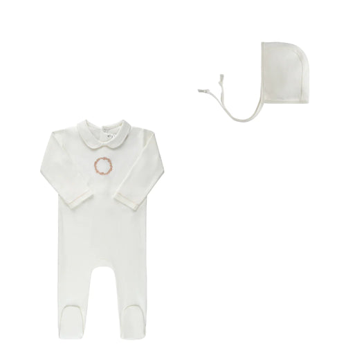 Ely's & Co Jersey Cotton Rose Gold Embroidered Wreath Footie & Hat