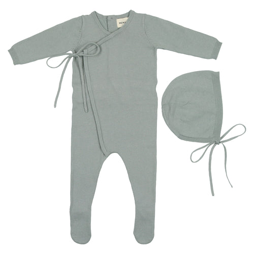 Mema Knits Powdered Blue Knit Footie +Bonnet