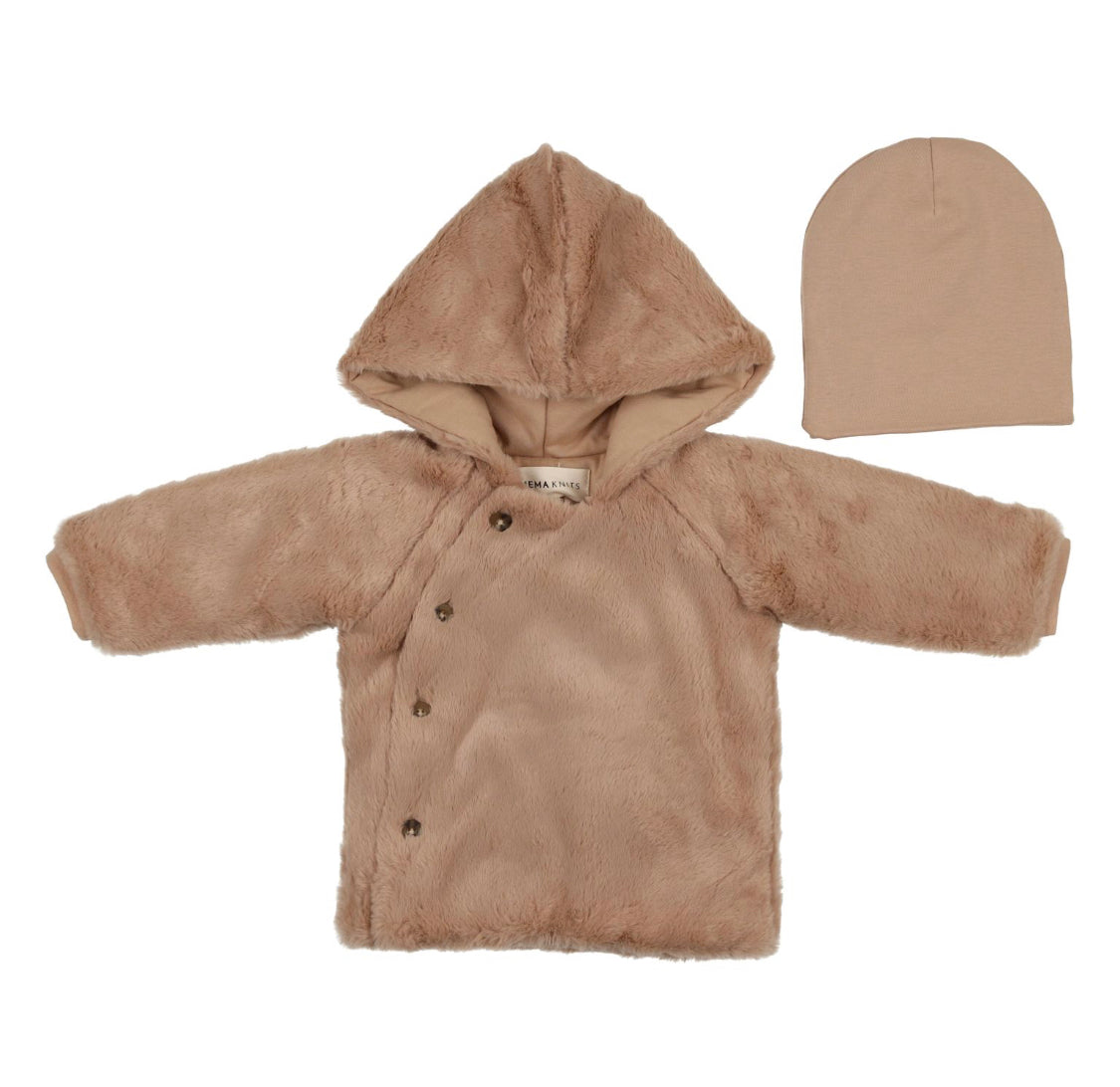 Mema Knits Fur Jacket & Beanie Oatmeal Moonlight Layette