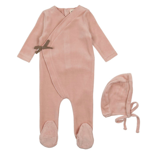 Velour Brown Ribbon Footie & Bonnet-Old Rose
