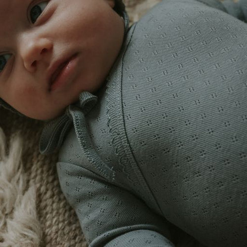 Mema Knits Powdered Blue Pointelle Footie + Bonnet