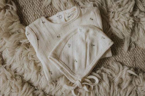 Mema Knits Cherry Print Ivory Pointelle Footie + Bonnet