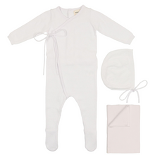 Load image into Gallery viewer, Mema Knits 3 Piece White Knit Footie +Bonnet Set