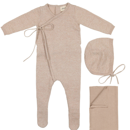 Mema Knits 3 Piece Oatmeal Knit Footie +Bonnet Set