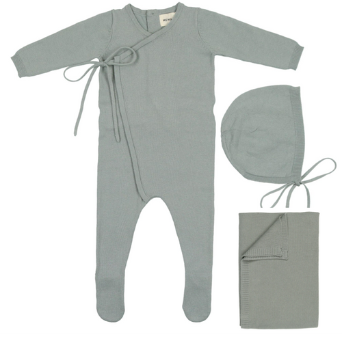 Mema Knits 3 Piece Powdered Blue Knit Footie +Bonnet Set