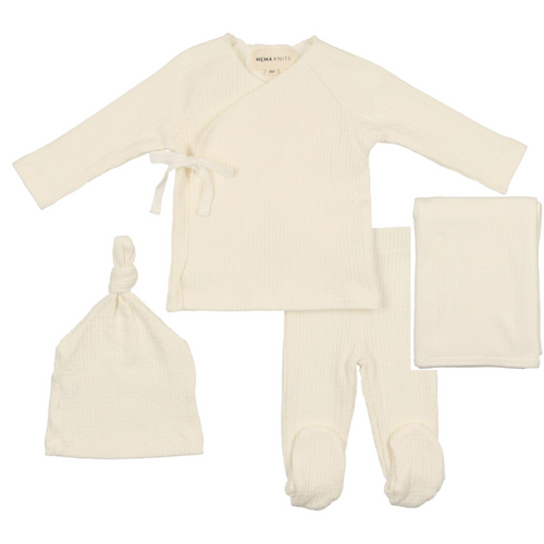 Mema Knits Ivory Textured Knit 3 PC Set + Bonnet
