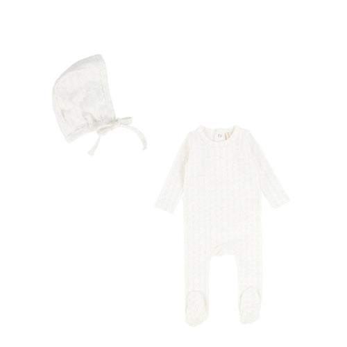 Pointelle Printed White Diamond Footie & Bonnet