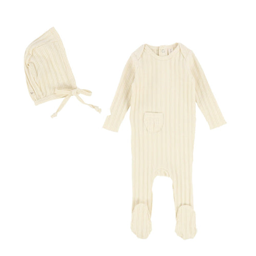 Ribbed  Natural Muslin Footie & Bonnet