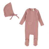 Ribbed Muslin Mauve Footie  & Bonnet