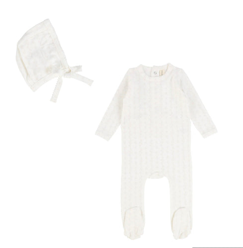 Pointelle Printed White Heart Footie & Bonnet