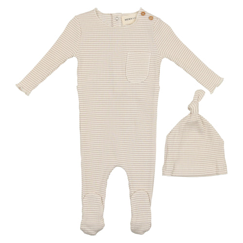 Mema Knits Oatmeal Striped  Footie +Beanie