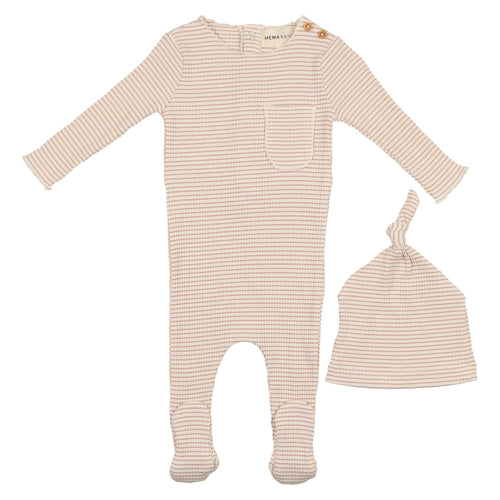 Mema Knits Pink Striped  Footie +Beanie