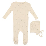 Mema Knits Cherry Print Ivory Pointelle Footie + Bonnet