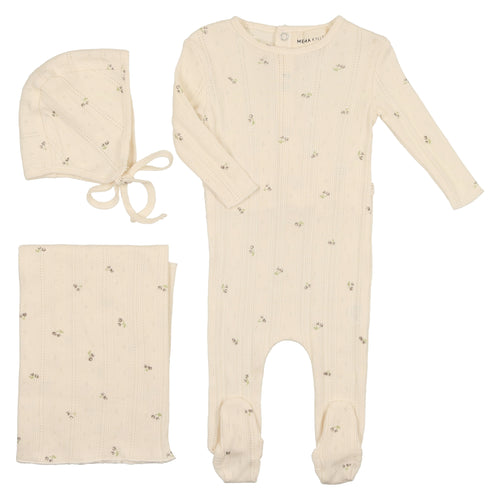 Mema Knits Cherry Print Ivory Pointelle 3PC Set
