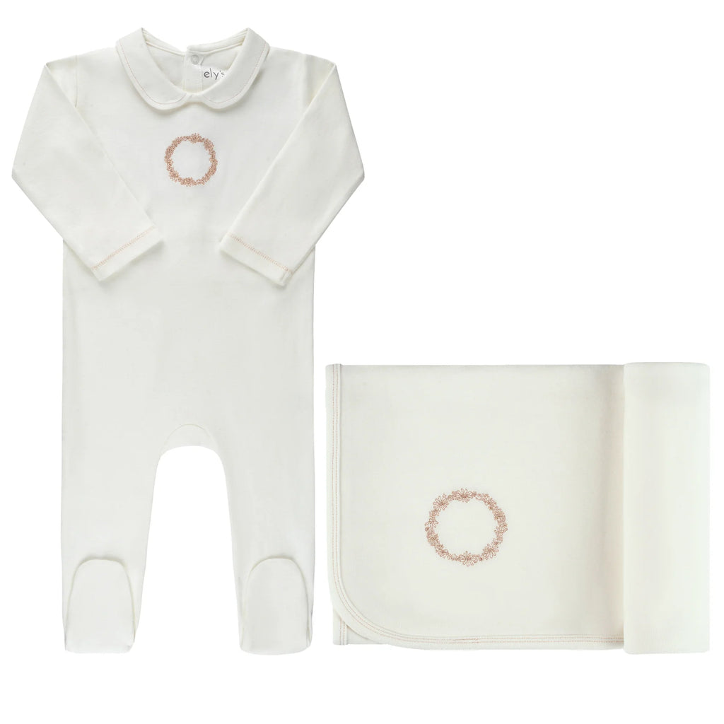 Ely's & Co Jersey Rose Gold Cotton Embroidered Wreath Layette Set