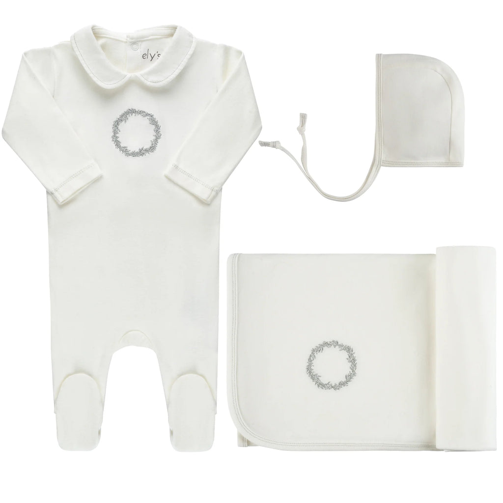 Ely's & Co  Jersey Cotton Silver Embroidered Wreath Layette Set